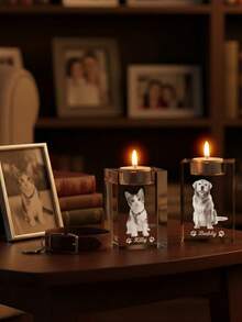 1pc Custom Pet Memorial 3D Holographic Photo Crystal Candlestick, A Personalized Laser-Engraved Memorial Glass Candlestick, A Unique Comfort Gift For The Passing Of A Dog Or Cat, A High-Quality Family Memorial And Condolence Ornament. As A High-Quality Pet Keepsake, It Is Both A Personalized Candlestick And A Pet Memorial Ornament. - 彩色 - 查看 2