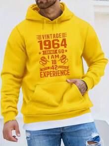 1964 Sweat-shirt-shirt vintage imprimé pour hommes, col rond, poche kangourou, manches longues, capuche, style décontracté ample. Cadeau pour hommes en automne et hiver - Noir - Voir 7