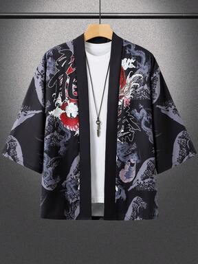كارديجان كيمونو رجالي بأكمام 3/4 بتصميم فضفاض مع طباعة تنين حيوي، من البوليستر الخفيف، بطراز كاجوال، قابل للغسل في الغسالة، رداء صيفي عصري، مفتوح من الأمام