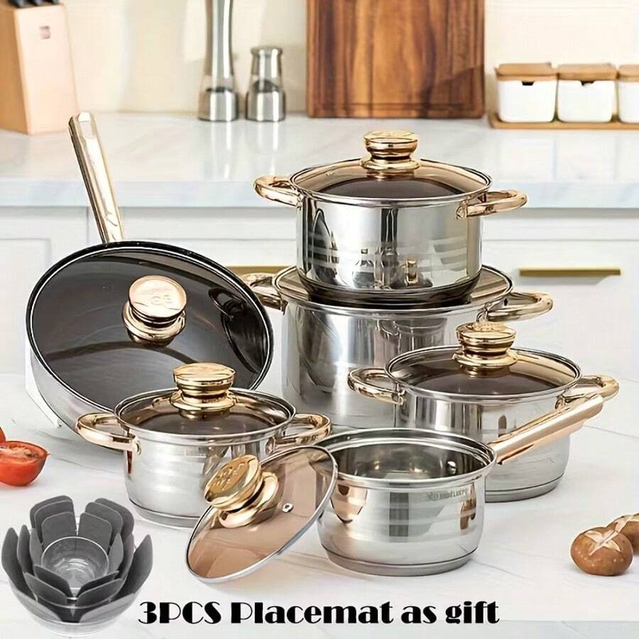 12pcs Stainless Steel Cookware Set, Nonstick Pots And Pans With Lids, Multi-Purpose Kitchen Essentials For Soup, Milk, Golden Handle, Versatile Cooking Uncharged For Home And Restaurant Use