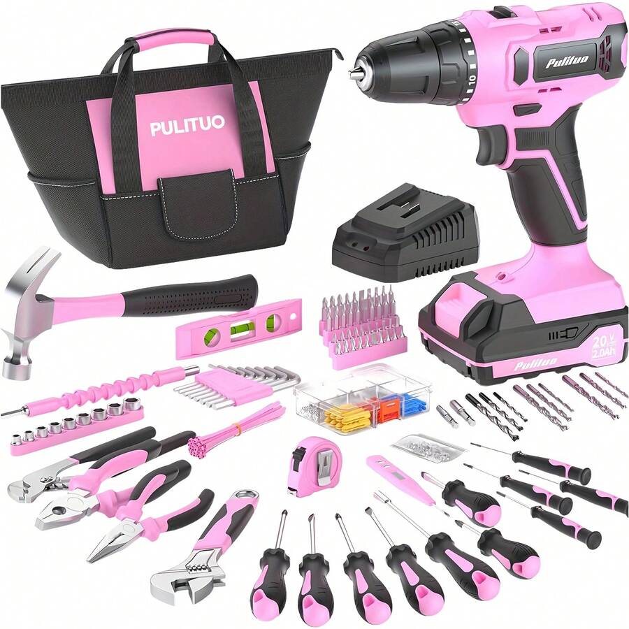 20V Cordless Drill Set With Accessories, Rechargeable Electric Screwdriver Kit For Home Repair, Furniture Assembly, Vehicle Maintenance And DIY Projects - Pink - View 1