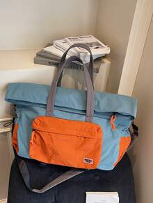 Faltbare Reisetasche mit großer Kapazität, Handgepäcktasche mit Trolley-Schlitz, Farbblockdesign mit mehreren Taschen, Schultertasche für den Arbeitsweg, Fitnessstudio & Nass-Trocken-Trennung - Verschiedenfarbig - Übersicht 4