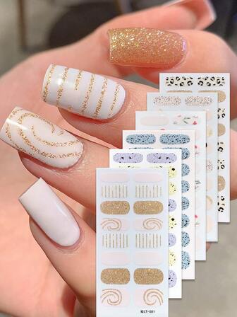 6 st/set flerfärgade gradientglitter, leopardmönster, blommönster, nagelkonstklistermärken, lämpliga för kvinnor/damer nageldekorationer för högtider