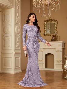 hezixi 舒适，适合各种体型，透视圆领长袖亮片修身鱼尾裙摆设计，风格独特，女士正式舞会礼服/晚礼服 - 淺灰紫 - 查看 9