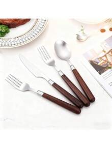 4pcs Stainless Steel Steak Knife, Fork And Spoon Cutlery Set, Faux Walnut Handle, Japanese Style Flatware - Multicolor - View 5