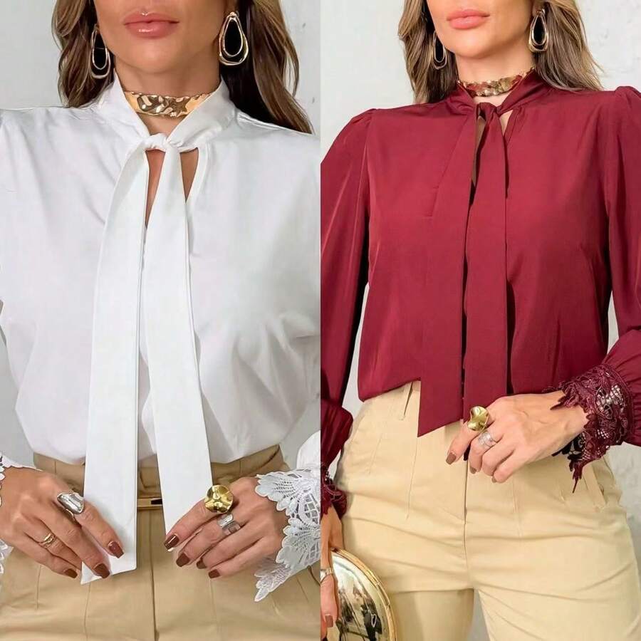 Elegant Women's Formal Blouse, V-Neck With Bow, Embroidered Lace Blouse, Cuffed Sleeve Blouse, Women's Lace Tops - 白色與酒紅色2件 - 查看 1