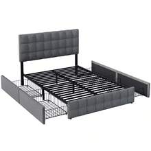 Upholstered Bed With 4 Drawers & Spring Mattress, Double Bed With Slatted Base, Height-Adjustable Headboard & Square Stitching Design, Metal Slat Support, Linen Material (140*200 Cm, Grey) - Grey - View 5