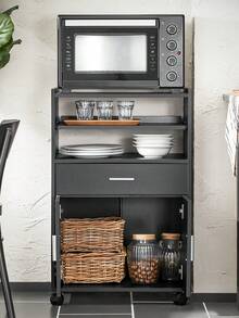 SoBuy FSB09-SCH，移动厨房橱柜微波炉柜厨房储物推车厨房餐厅储物柜带轮子，黑色 - 黑色 - 查看 2