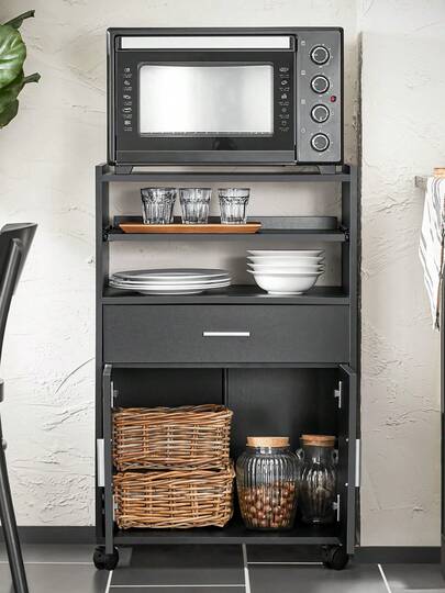 SoBuy FSB09-SCH Kitchen Cabinet, Kitchen Trolley, Rolling Cabinet, Beverage Trolley, Microwave Cabinet With One Sliding Shelf, Black, WDH Approx. 59x92x40cm