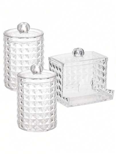 浴室收纳罐套装（3 件套）：亚克力棉签收纳盒，适用于棉签、球、垫、牙线棒 - 小型收纳罐和瓶子套装，必备浴室配件装饰。