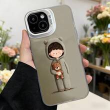 Cubierta de telefono con diseño de oso y niño en capucha gris con estampado de dibujos animados para iPhone funda protectora elegante para uso diario y regalo Aplicable a los teléfonos de la serie Apple y Galaxy - Blanco - Ver 2