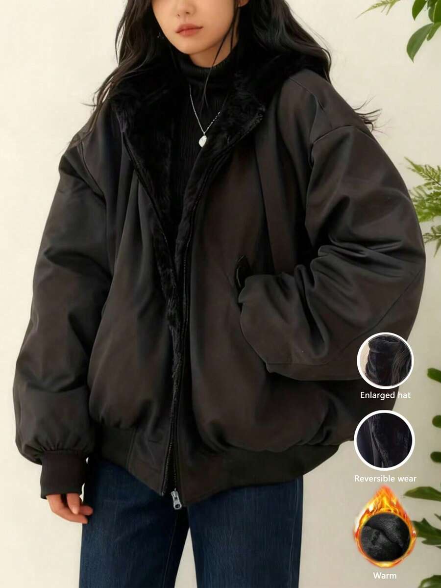 Women's Oversized Hooded Coat With Faux Fur Collar, Slimming Silhouette, Dual-Sided Pockets, Reversible, Casual Street Style, Short Jacket For Autumn/Winter - Black - View 1