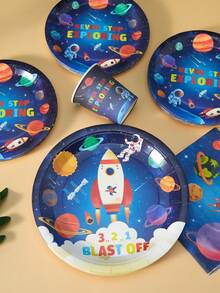 100/25/10pcs Space Rocket Astronaut Disposable Plates Napkins Cups, Astronaut Theme Plates Napkins And Cups Party Supplies, Suitable For 25 Guests, Disposable Paper Plates Party Tableware Suitable For Birthday Wedding Party Family Picnic - Multicolor - View 5