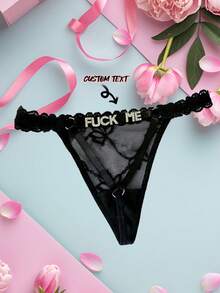 Customized Sexy Lace Heart-Shaped Thong, Personalized Sexy Women's Lingerie, Sexy Bowknot Thong With Custom Letters, Customized Sexy Women's Intimate Apparel, Customized Wedding Gift, Bridal Lingerie, Anniversary Gift, Valentine's Day Gift, Birthday Gift, Wedding Gift, Gift For Her/Girlfriend/Wife - Black - View 1