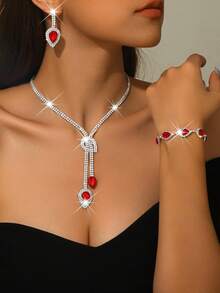 婚礼珠宝套装，包含镶有水钻的泪珠项链、耳环和手链，适合新娘礼服、晚礼服和正式活动（产品不含盒子） - 銀色 - 查看 13