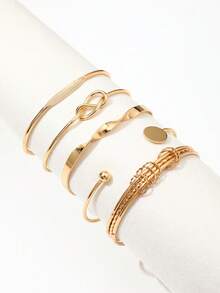 5pcs Minimalist Geometric Exaggerated Open Bangle Bracelet Set, Alloy Material, Adjustable Size, Suitable For Party/Gift - Yellow Gold - View 3