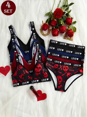 4件套性感撞色英文文字吊带V领文胸内裤套装