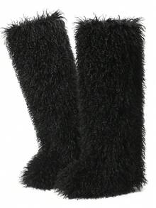 Women's Winter Furry Snow Boots Fuzzy Fluffy Round Toe Suede Booties Flat Heel Slip On Outdoor Indoor Shoes Fashion Warm Fluffy Shoes - 黑色長管 - 查看 2