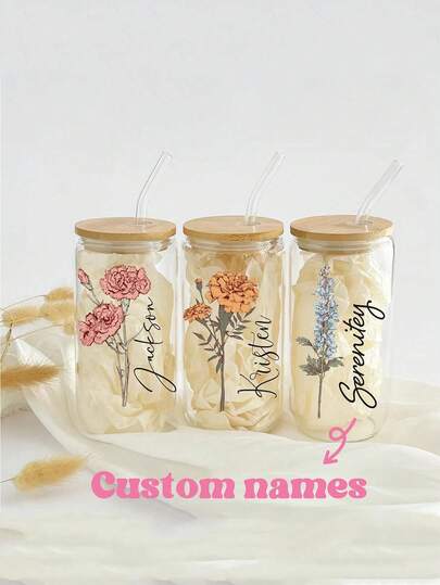 Personalized Birth Flower Cup, Custom Birth Flower Coffee Cup With Name, Custom Glass Coffee Cup, Personalized Iced Coffee Cup,Glass Can Soda Cup With Lid And Straw,Bridesmaid Gift Idea Easy To Clean, Exquisite,High-Quality Custom,Personalized,Unique Ideal Gifts For Her Her,Boyfriend,Girlfriend,Dad,Mom,Family,Friends