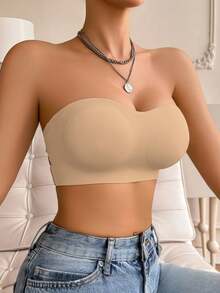 無縫無肩帶無鋼圈Bralette，側開扣交叉後背，柔軟墊片不透視抹胸內衣，適合日常與無肩帶洋裝穿著 - 駝色 - 查看 8