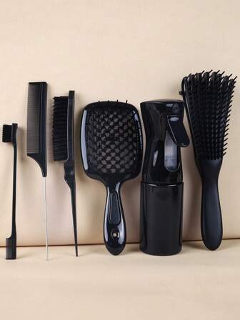 6Pcs Detangling Brush Curling Comb Set, Hollow Square Comb, Eight-Claw Comb, Mist Spray Bottle, Teasing Hair Brush, Rat Tail Comb, Edge Brush, This Multifunctional Comb Set Can Meet Your Different Needs, Effortlessly Detangle Curls, Waves, Spirals, Damp Hair, Thick Hair, Long Hair And Natural Styles(Pink,Purple,Black)