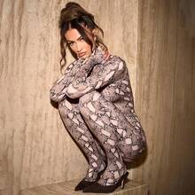 Mono ajustado de manga larga con estampado de pitón, casual para otoño e invierno, para damas - Caqui - Ver 8