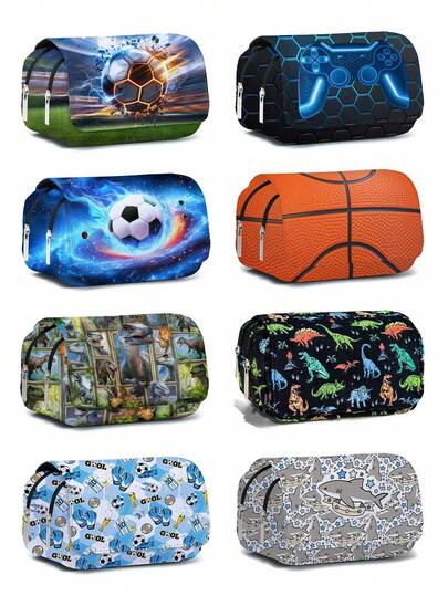 足球游戏图案铅笔盒，双层翻盖文具盒，可装铅笔、钥匙、手机、硬币、小物件，适合学校、家庭、送礼、度假、节日（返校季、圣诞节）使用。