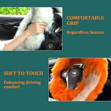 Fuzzy Genuine Sheepskin Steering Wheel Cover Set Women Parents-Fluffy Soft Australian Merino Wool Wrap With Gear Shift And Hand Brake Covers, Cozy Stylish Luxury Car Accessories (Orange) - 薰衣草紫 - 查看 7