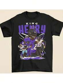 Men's Baltimore Football Graphic T-Shirt - 100% Cotton 180gsm Crew Neck T-Shirt With King Henry & Player Design, Loose Fit Casual Sportswear For Adults, Machine Washable - Black - View 1