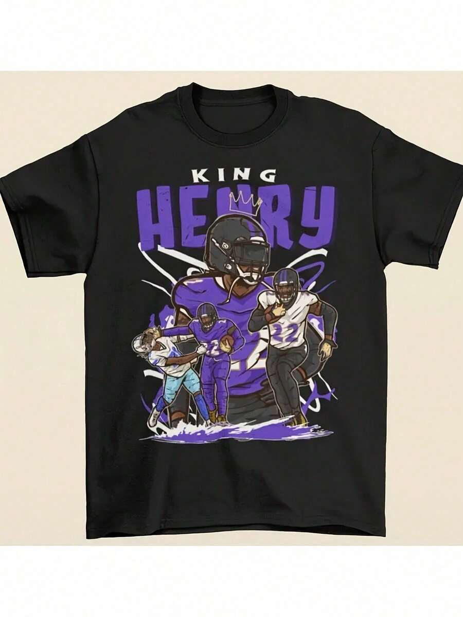 Men's Baltimore Football Graphic T-Shirt - 100% Cotton 180gsm Crew Neck T-Shirt With King Henry & Player Design, Loose Fit Casual Sportswear For Adults, Machine Washable - Black - View 1