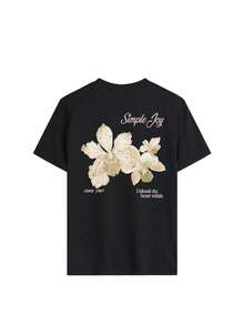 Women's Colorful Letter & Floral Print Round Neck T-Shirt, Fashionable & Versatile, Graphic Tee, Women's Vacation Style Casual Black Summer - 黑色 - 查看 4