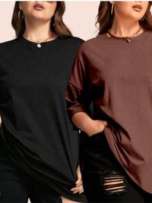 Women's Plus Size Plain Crew Neck T-Shirt,  And Oversized - Black - View 3