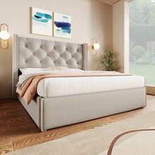 Hydraulic Double Upholstered Bed 140x200cm, Bed With Slatted Base Made Of Metal Frame, Modern Bed Frame With Storage Space, Cotton, Light Grey - Light Grey - View 5