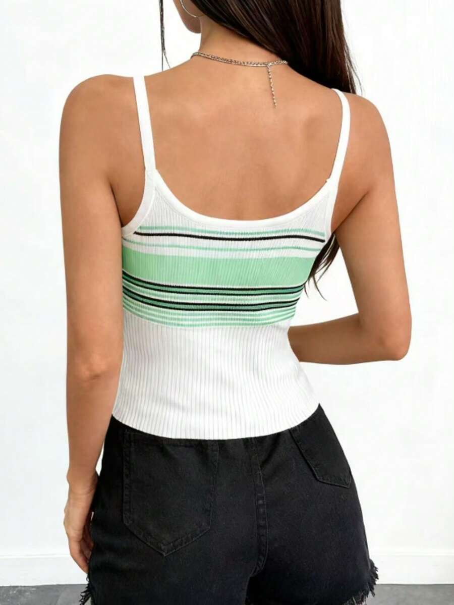 Summer Striped Contrast Color Slim Fit Design Knitted Tank Top Short Women's Clothing - Green - View 1