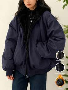 女式超大号连帽外套，仿毛领，修身廓形，双面口袋，可双面穿，休闲街头风格，秋冬短款夹克 - 藏蓝色 - 查看 4
