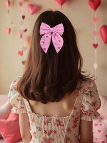 1个女童粉色蝴蝶结发夹，甜美爱心印花设计，纯色缎面鳄鱼夹，可爱闪亮发饰，适合日常佩戴、生日派对、作为礼物 - 彩色 - 查看 7