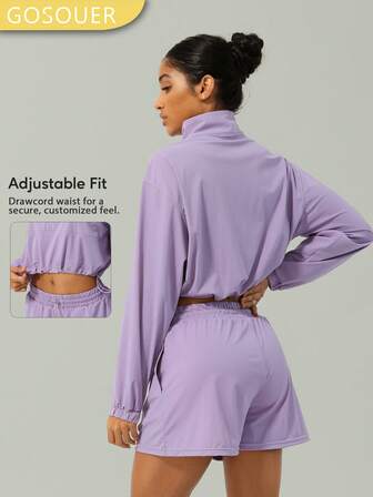 GOSOUER 2 piezas Conjunto deportivo de exterior para mujer, con parte superior de manga larga con media cremallera y bajo con cordón, y pantalones cortos deportivos casuales con cintura elástica y cordón