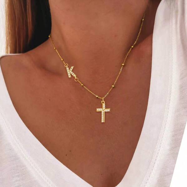 1pc New Classic Initial Cross Pendant Golden Stainless Steel Bead Chain Necklace For Women