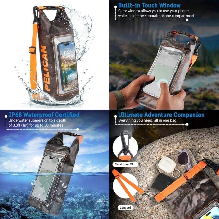 Pelican Marine Bolsa seca impermeable IP68 de 2 L – Mochila enrollable con funda para teléfono/bolsa, Accesorios esenciales para acampar, natación, playa, pesca, rafting, viajes – Hunter Camo(Cazador Camuflaje 2L 2L) - Multicolor - Ver 1