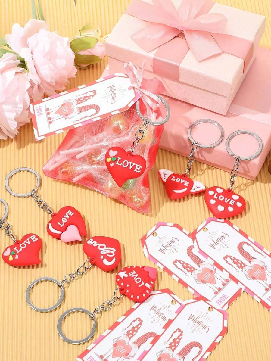 18pcs Valentine's Day Keychain Gift Set, Includes Heart-Shaped Keychains, Gift Cards, And Organza Bags. Perfect Small Gift For Birthdays, Weddings, And Holiday Parties. - Multicolor - View 1