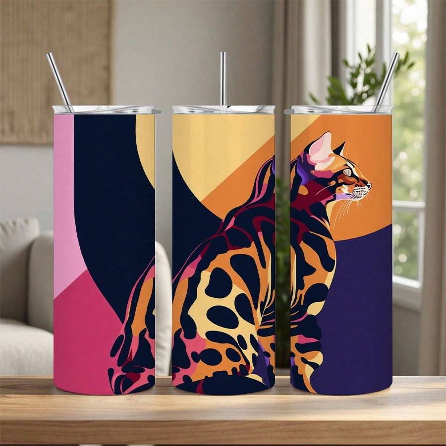 1pc 20oz Vibrant Bengal Cat Insulated Tumbler With Lid & Straw - 304 Stainless Steel, Durable & Stylish For Sports, Outdoor Activities, Perfect Gift Idea, Outdoor Hydration|Artistic Tumbler|Durable Construction - 1個 - 查看 1