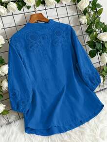 Women's Lightweight Semi-Sheer V-Neck Unstructured Embroidered Blouse, Spring/Summer Vacation - Royal Blue - View 2