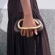 1 Pc PU Clutch Bag With Gold Metal Accent & Chain Strap, Stylish Black Evening Handbag With Unique Design, Ideal Valentine's Day Gift & Personalized Accessory, Fashionable Choice For Parties, Weddings, Galas, Dinners, Elegant Ladies Bag With Affordable Luxury Feel - 咖啡棕 - 查看 3