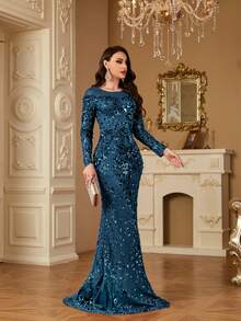 hezixi Women Long Sleeve Rhinestone Decor Elegant Slim Maxi Evening Dress, Party Dress, Wedding Guest Dress, Formal Dress,Gown - 水鴨藍 - 查看 8