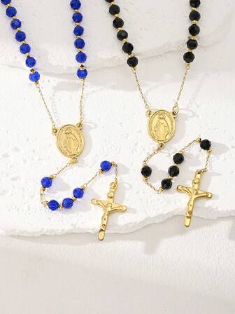 1条6毫米玻璃玛利亚十字架念珠项链，长款祈祷珠毛衣链，女士日常佩戴