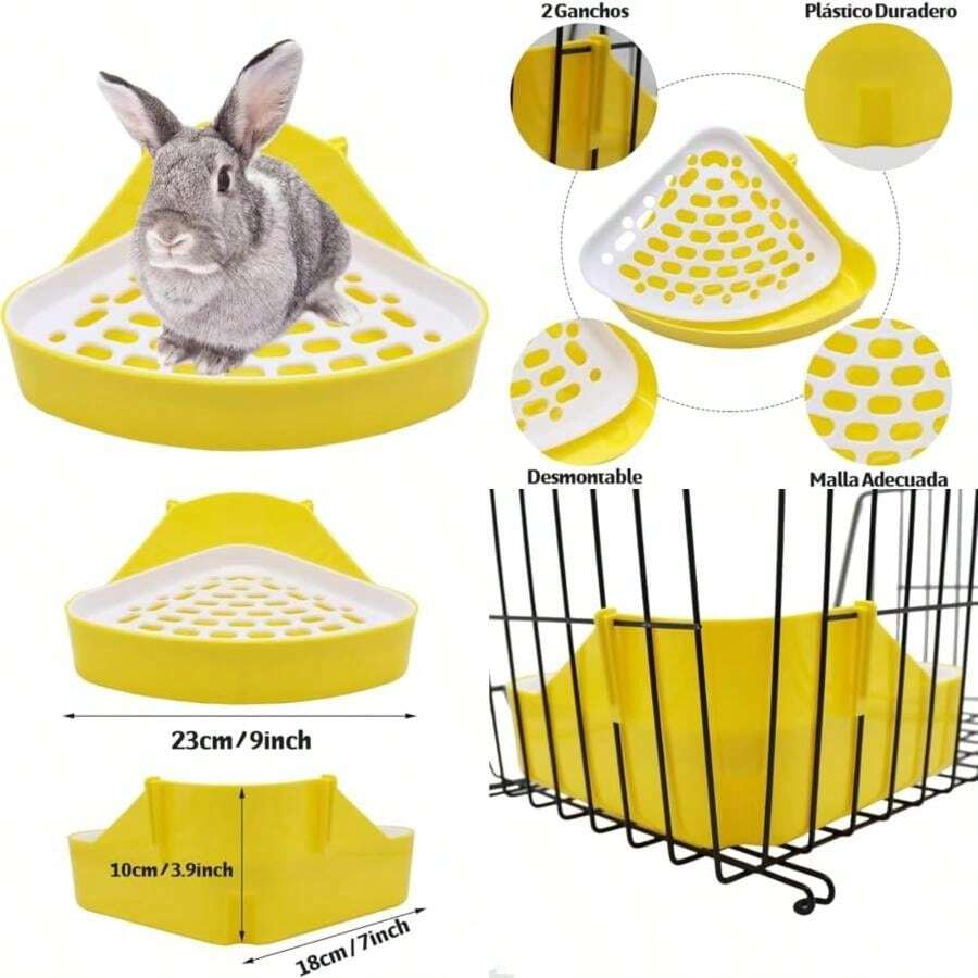 MONAS Caja de Arena para Conejos, Arena Esquinera con Rejilla para Conejos, Orinal de Esquina para Conejos, Cobayas, Chinchillas, Hurones y Otros Animales Pequeños Accesorios para Mascotas ()(Amarillo) - Unitalla - Ver 1