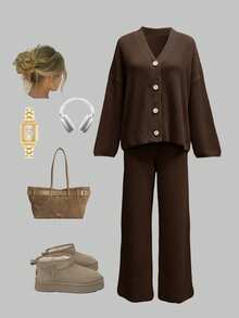 女士宽松纯色针织毛衣套装，超大优雅开衫，最佳休闲家居服，时尚简约女装 - 淺咖啡 - 查看 6