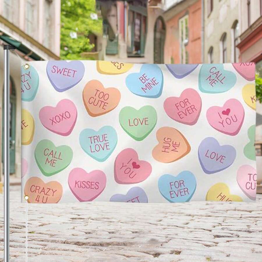 バレンタインデーガーデンフラッグ カラフルなハート文字プリント 両面バナー 庭 屋外装飾用 - スカイブルー - チェックする 1