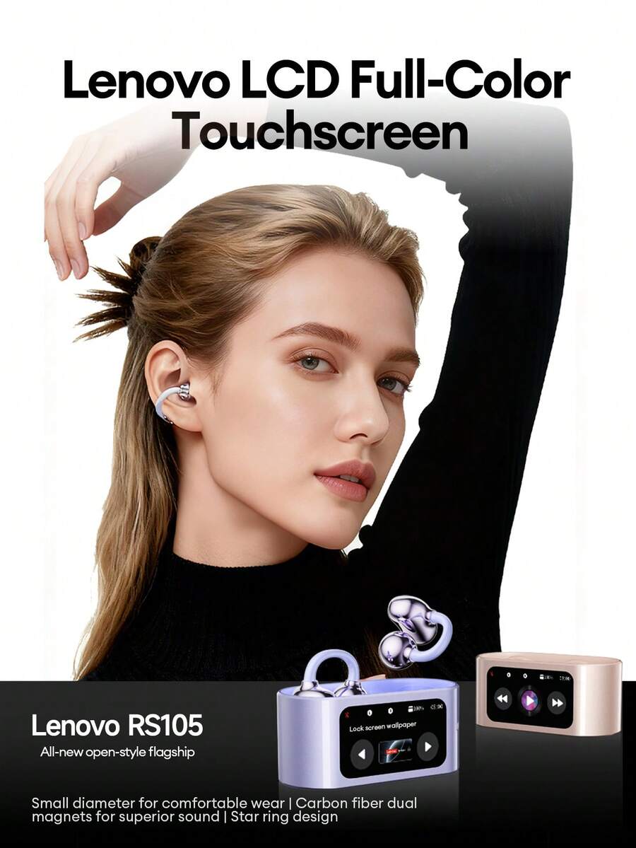 Lenovo RS105 Bluetooth Earphones, In-Ear Open-Ear, Multifunctional Touchscreen, Remote Shutter, Dual-Core Spatial Audio, Long Battery Life, Music, Sports, Gaming, Upgraded Materials, Comfortable Compatible With Smartphones And Computers