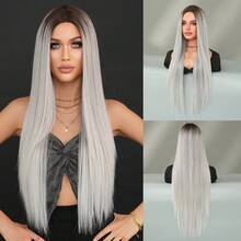 7JHH WIGS 32 Inch Ombre Silver Wigs For Women, Extra Long Straight Wigs, Elegant Fluffy Without Bangs Middle Part Wig,Very Soft Synthetic Heat Resistant Fiber Hair, Beautiful Full Machine Hair Wig Suitable For Fashion Girls Daily,Anime Or Costume Cosplay Decoration,Music Festival Dance Party Street Wear Use - Bạc - Xem 11